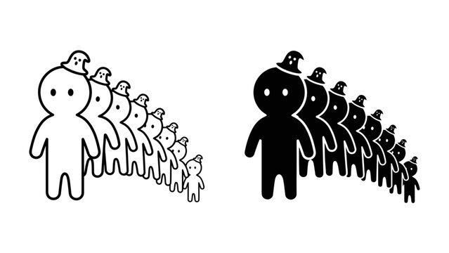 Spooky Figures Marching: Two rows of simple, stylized figures wearing witch hats march in unison. One row is solid black, the other is outlined in white, creating a striking visual contrast.