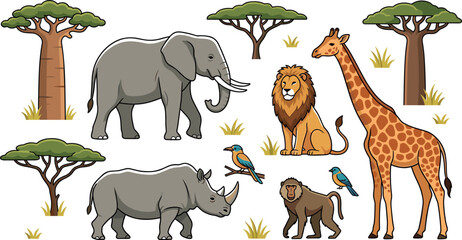 Adorable safari wildlife collection with wild jungle creatures and acacia trees for children zoo education nursery design and travel banner graphics © Lili Begum