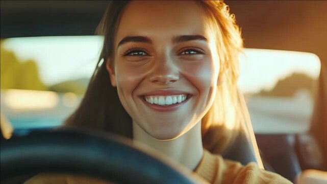 Sunlight glows through car window. Smiling woman grips steering wheel. Warm tones highlight joyful expression. Vehicle interior softly blurred in background. Happy driver enjoys drive
