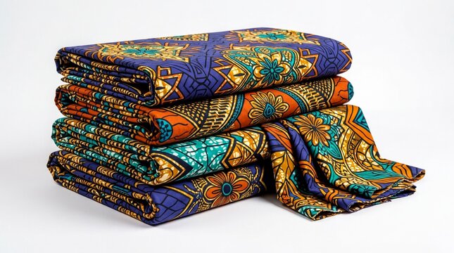 textile patterns, vibrant folded ankara fabric showcasing intricate wax prints on white