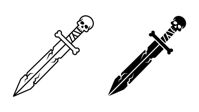 Skull Sword Icon: A stylized illustration of a sword with a skull on its pommel and crossbones as a guard, presented in both outline and solid black versions.