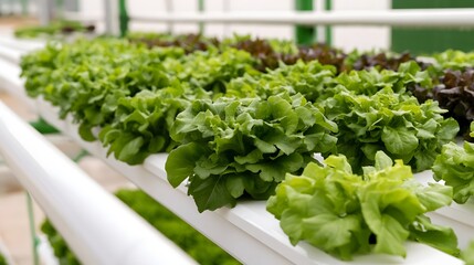 Fototapeta premium Rows of fresh green lettuce plants growing on white hydroponic beds under bright controlled lighting