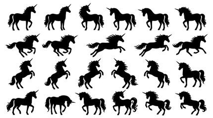 Obraz premium Magical unicorn silhouette icon collection with running jumping rearing and standing mythical fairy tale horse shapes