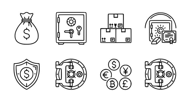Financial security and bank vault thin line icon set with money bags safes boxes and currencies