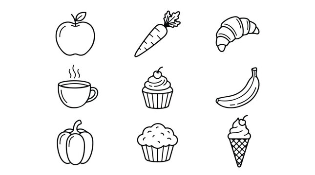Minimalist food line icons set, black and white grocery symbols vector, 9 organic fruit and bakery elements for restaurant menus and healthy eating apps