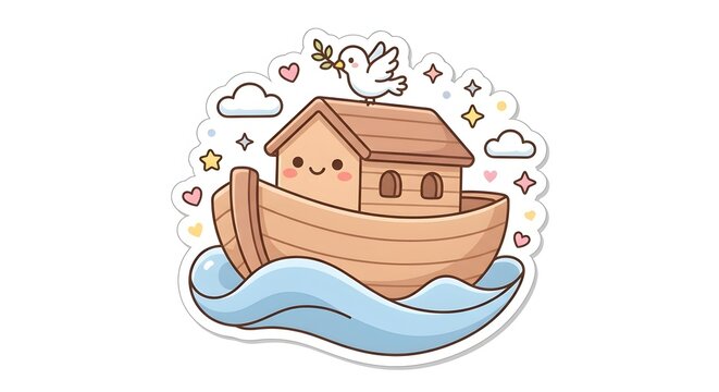 Smiling wooden ark sticker with a white dove floating on waves