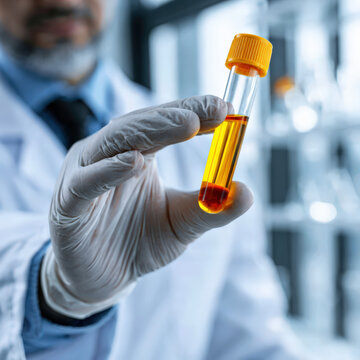 Scientist holds test tube with orange liquid