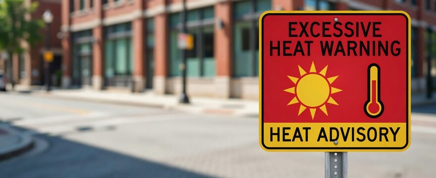 Excessive heat warning sign on yellow and red board located in commercial district with selective focus on safety message and icons of sun and thermometer for urban preparedness.