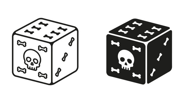 Skull and Bones Dice: Two stylized dice, one in outline and the other in solid black, feature skull and crossbones motifs, evoking themes of risk and chance.
