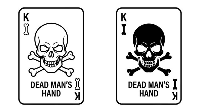 Dead Man's Hand Playing Cards: Two illustrated playing cards, one in black and white and the other in black.