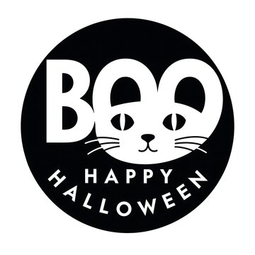 Cute Black Cat Boo Happy Halloween Sticker Logo Design with Typography on Circular Background, AI Generated