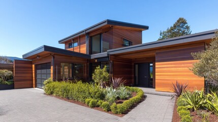Fototapeta premium A modern wooden house featuring expansive windows, surrounded by lush greenery and landscaping
