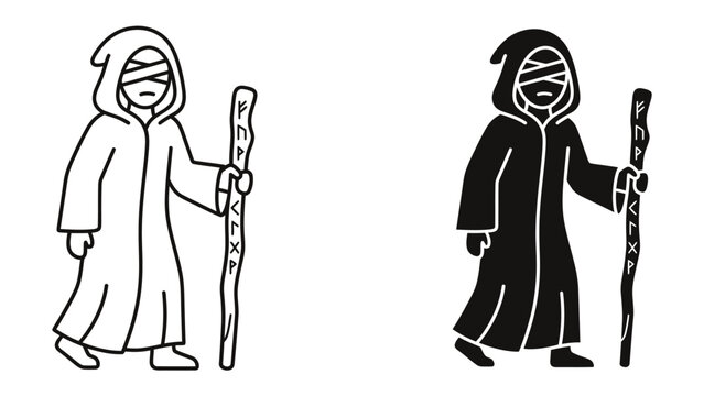 Mysterious Figure with Staff: A mysterious robed figure, blindfolded and holding a gnarled staff inscribed with ancient symbols, stands in silhouette.