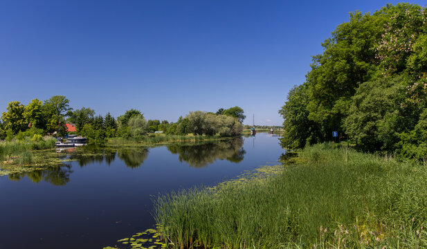The beauty of the Żuławy region. The Szkarpawa River flowing through the village of Rybina.