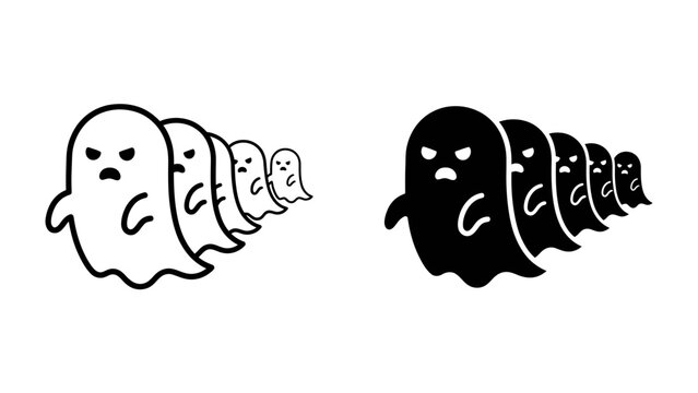 Ghostly Procession: A line of cartoon ghosts, some outlined in white and others in black silhouette, march forward with menacing expressions. Perfect for Halloween or themes of the supernatural.