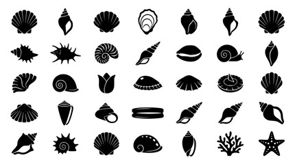 Seashell silhouettes vector icon set featuring diverse ocean shells clams starfish coral and oyster marine elements for nautical graphic design © Md Imran