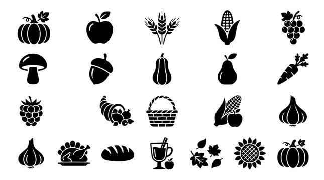 Thanksgiving and autumn harvest vector silhouette icons set featuring seasonal food turkey pumpkin cornucopia and agricultural design elements