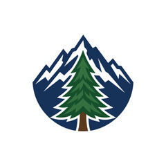 Obraz premium Green pine tree with blue mountain peak emblem.