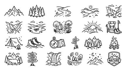 Mountain camping and outdoor adventure line icons set with hiking gear tents wild landscapes and nature exploration symbols © Md Imran