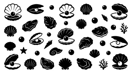 Oyster and pearl vector elements set with seashell silhouettes sea snails starfish and marine icons for luxury jewelry design © Md Imran