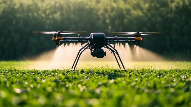 An unmanned aerial vehicle (UAV) spraying pesticides in a crop field with precision agriculture technology.