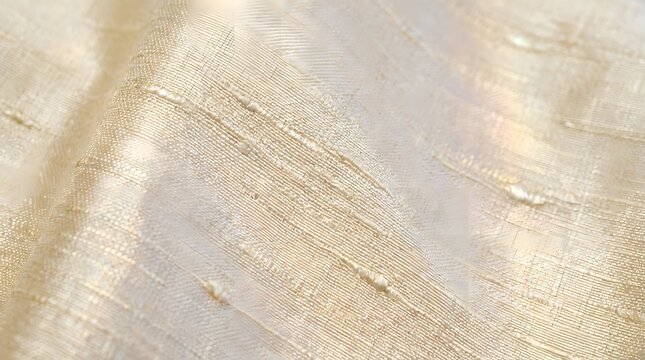 Shantung Silk Fabric Texture with Irregular Slub Weave Pattern and Subtle Iridescent Shimmer in Champagne Gold.