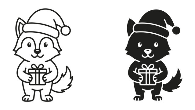 Christmas Wolf with Gift: A charming cartoon wolf wearing a Santa hat, holding a wrapped gift box, presented in both outline and silhouette style.