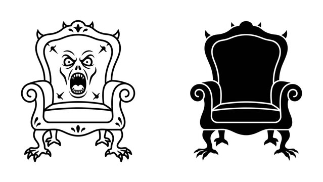 Monstrous Throne: A pair of ornate, imposing thrones featuring a monstrous face with an open, screaming mouth and clawed feet, presented in both line art and silhouette styles.