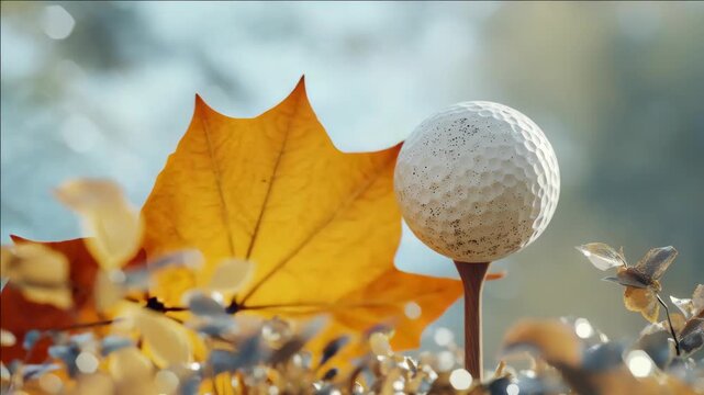 A single golf ball with a dimpled surface resting on a tee outdoors.