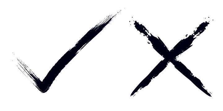 Check tick mark icon set. Cross box x check mark checkbox list vector draw hand drawn sketch doodle brush marker checklist symbol wrong right circle. hand drawn, grunge X sign. hand drawn tick mark.