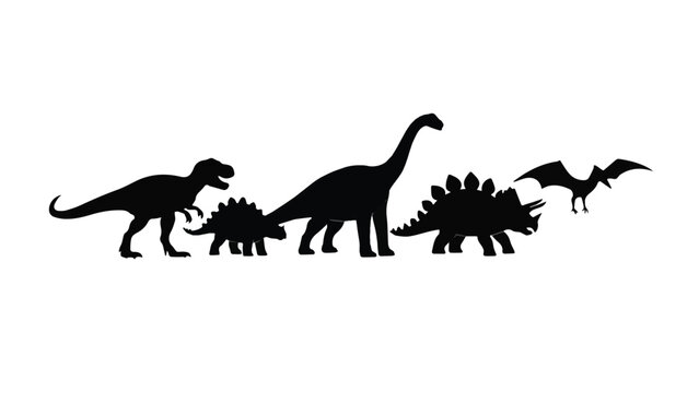 Silhouette of various dinosaurs including T rex and stegosaurus on dark background for prehistoric era themes