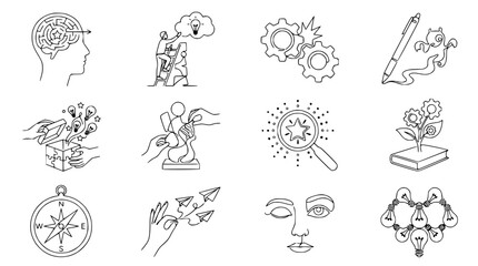 Innovation and Creativity Icons: Brainstorming, Ideas, Strategy, Problem Solving, Teamwork © Petrik