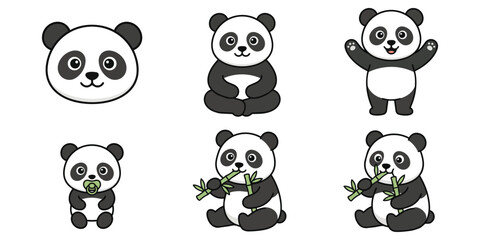 Collection of cute cartoon panda characters eating bamboo with illustration character whimsical wildlife friendly cheerful adorable portrait © Nur-uz-zaman