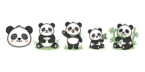 Cute cartoon panda set with different poses and bamboo illustration character whimsical wildlife friendly cheerful adorable portrait movement © Nur-uz-zaman