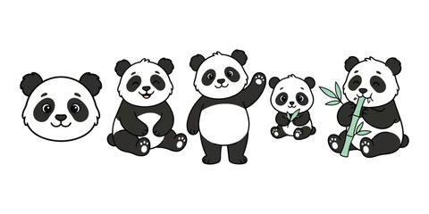 Various poses of cute cartoon panda bears with bamboo illustration character whimsical wildlife friendly cheerful adorable portrait movement © Nur-uz-zaman