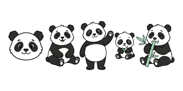Various poses of cute cartoon panda bears with bamboo illustration character whimsical wildlife friendly cheerful adorable portrait movement
