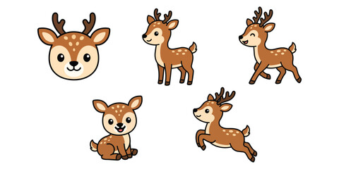 Obraz premium Cute cartoon deer set including five poses with character wildlife standing illustration adorable whimsical friendly isolated background