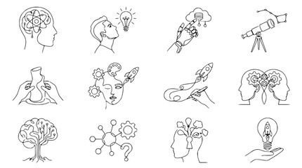 Fototapeta premium Conceptual Icons: Innovation, Ideas, Science, Technology, Brainstorming, Startup, and AI
