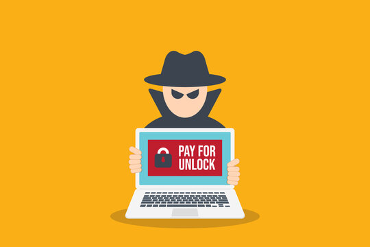 Ransomware Attack Payment Demand Hacker Holding Infected Laptop	