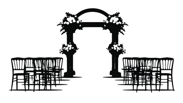 Elegant wedding ceremony setup with floral arch and chairs in black and white for outdoor event