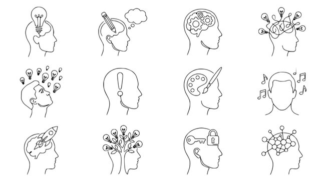 Creative thinking and ideas: a collection of line art concepts in human heads