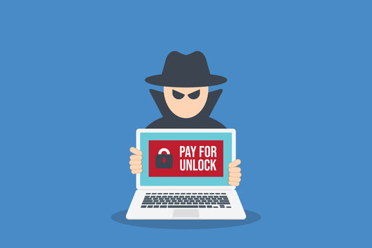Ransomware Attack Payment Demand Hacker Holding Infected Laptop	