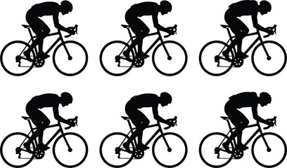 Obraz premium Road bike cyclist racing silhouettes set, bicycle rider cycling in motion side view vector design illustration