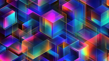 Obraz premium Abstract background featuring glowing colorful translucent cubes in a geometric pattern.