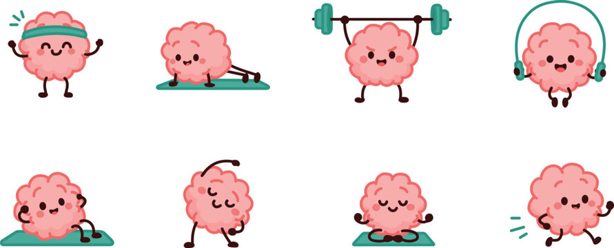 Brain Cartoon Character Doing Different Fitness Exercises Including Running, Yoga, Meditation, Weightlifting, Stretching, and Jumping Rope