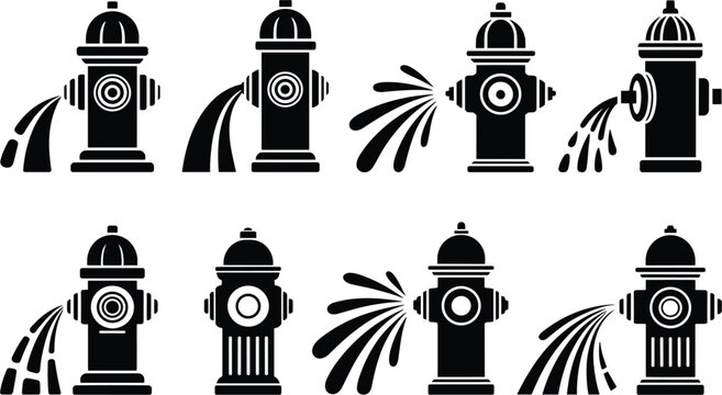 Fire hydrant silhouettes with spraying water set, black emergency plugs graphic vector illustration icon collection