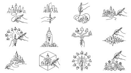 Fototapeta premium Hand Drawn Cityscape Icons: Architecture Design, Urban Planning, Blueprint & Sketch Concepts
