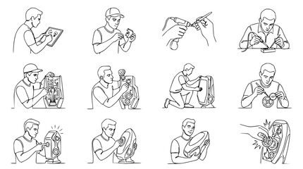 Fototapeta premium DIY Electronics Repair and Assembly: Line Art Illustrations of People Fixing Gadgets