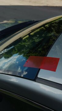 Red tape marking on car windshield with reflections of trees and sky on parked vehicle