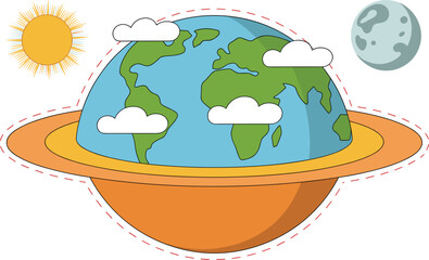 Cartoon planet Earth with ring system, solar system sun moon clouds educational vector infographic illustration © kaiyum